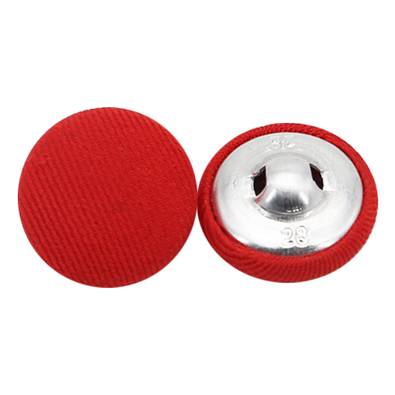 Red fabric-covered shank button pair: front round top and underside with metal shank