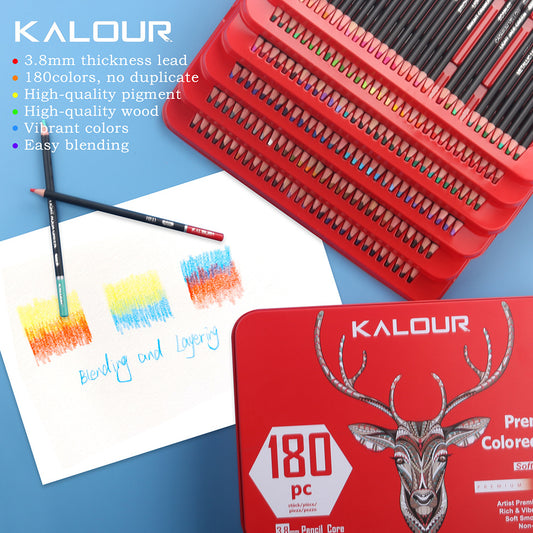 KALOUR 180 Colored Pencil Set -3.8mm Rich Pigment Soft Core Tin Box