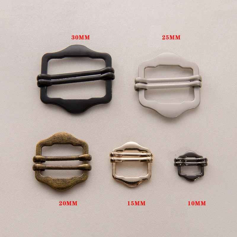 Double-pin metal slide buckles, sizes 30/25/20/15/10 mm, assorted colors