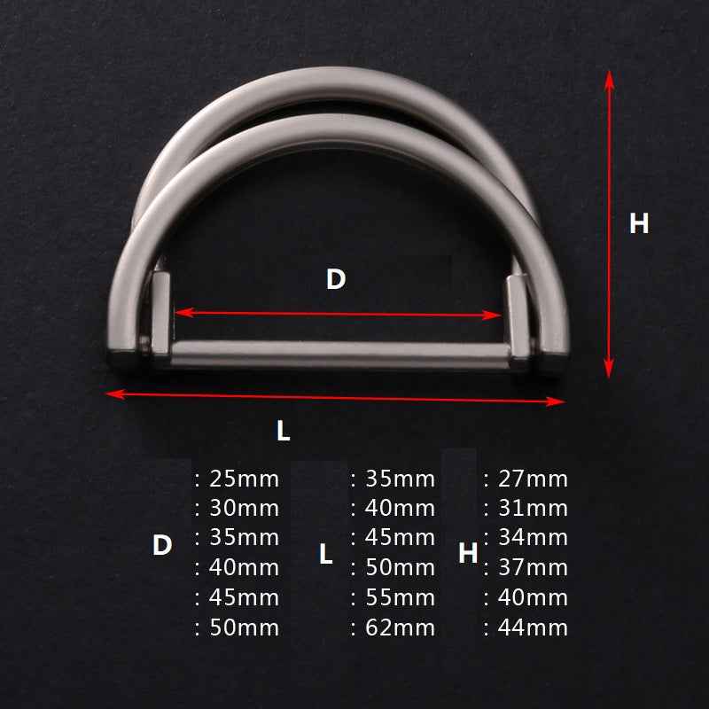 Metal double D-ring buckle with size markings for belt fastening (D, L, H)
