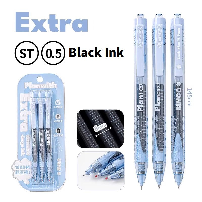 Planwith Clicker Gel Pen 0.5mm High Capacity Quick-Drying 3-Pack