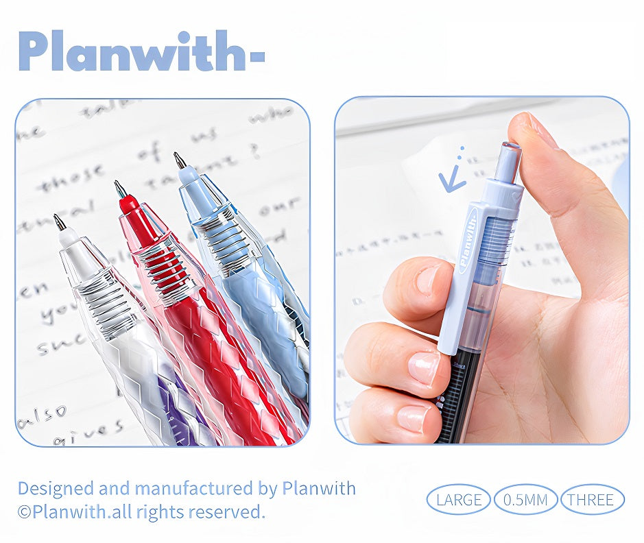 Planwith Clicker Gel Pen 0.5mm High Capacity Quick-Drying 3-Pack