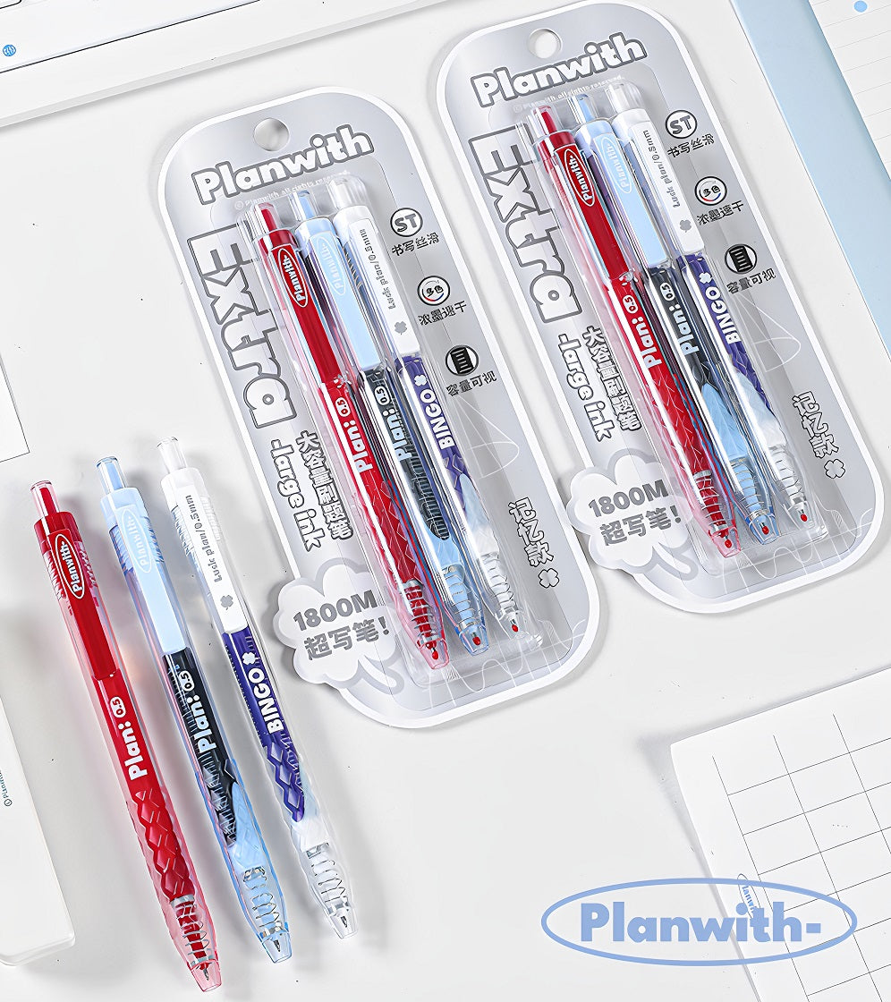 Planwith Clicker Gel Pen 0.5mm High Capacity Quick-Drying 3-Pack