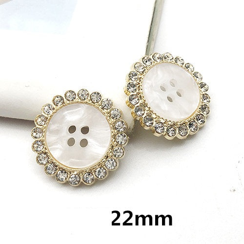 22mm silver rhinestone edge round button with white pearl-style center, 4-hole insert