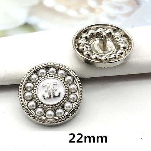 22mm silver round decorative button with faux pearls and ornate rhinestone border