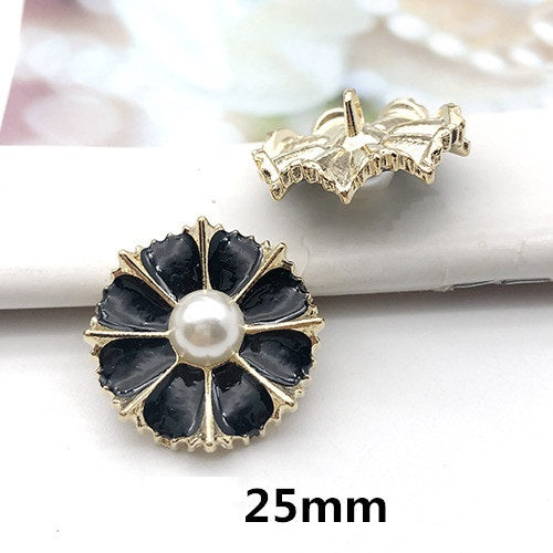 25mm dark blue flower pearl rhinestone shank button, gold-tone edges