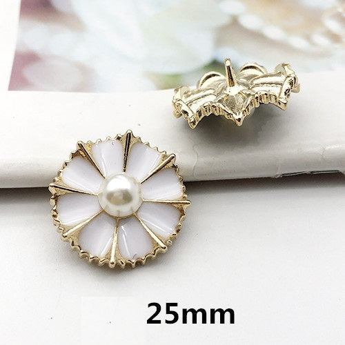 25mm white flower pearl rhinestone shank button, gold-tone edges
