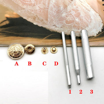 10 gold metal snap buttons, 4-in-1 set with three installation tools
