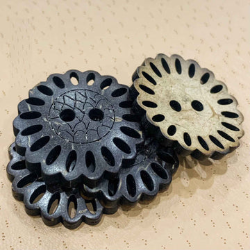 26mm floral cutout coconut shell shoe buttons, 2 pieces; dark and cream tones