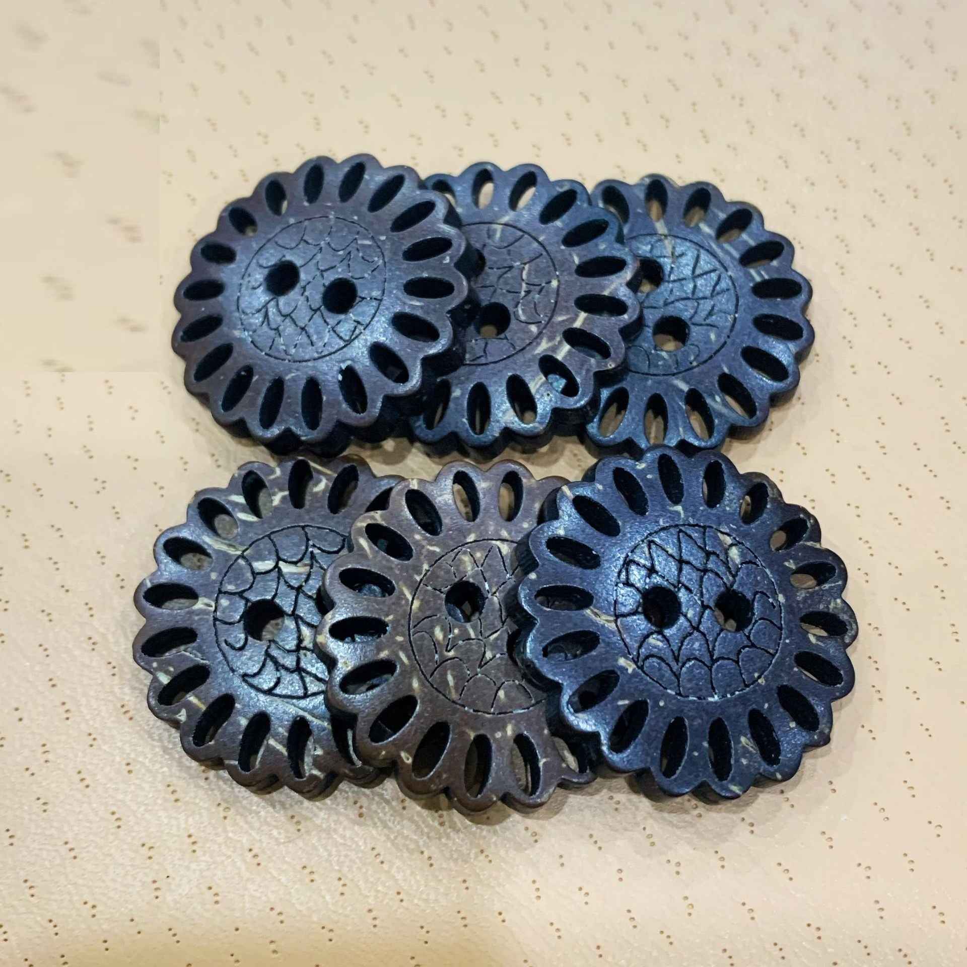 26mm floral cutout coconut shell shoe buttons, set of 6; dark blue with cutout