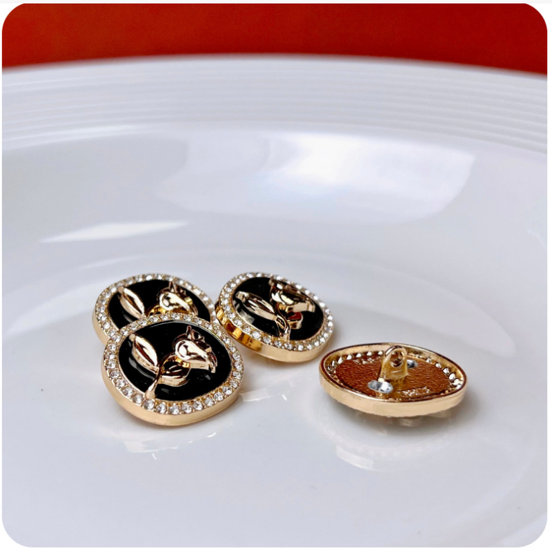 Round rhinestone rose metal shank buttons, black and white set, 10pcs