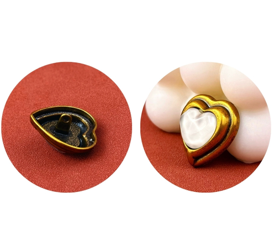 Antique bronze wavy heart metal shank button—front and back views