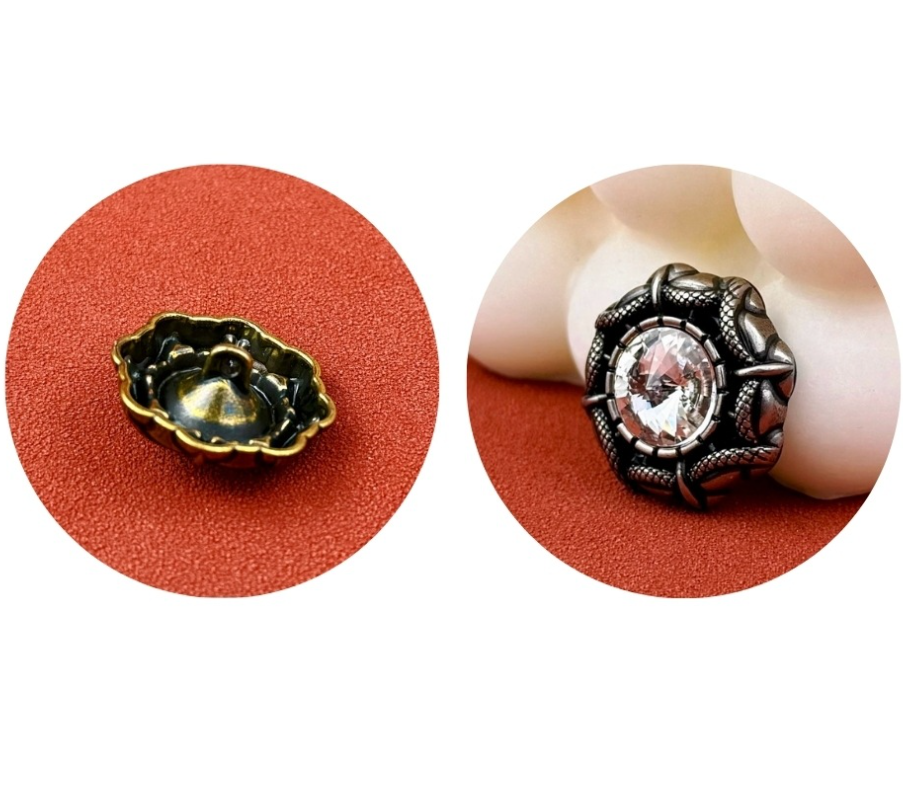 Vintage snake-edge buttons, underside view with metal shanks in antique gold and antique silver