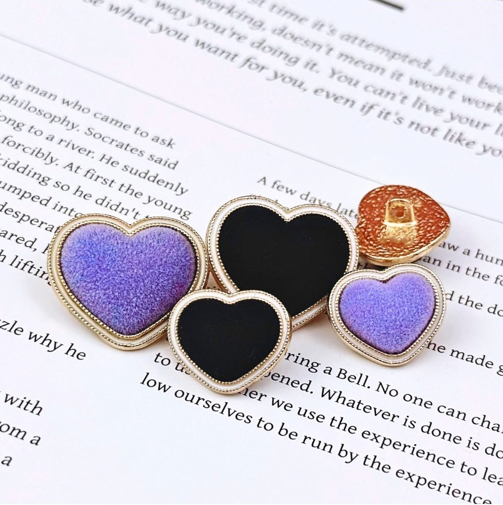 Purple and black flocked heart metal buttons with gold-tone double border