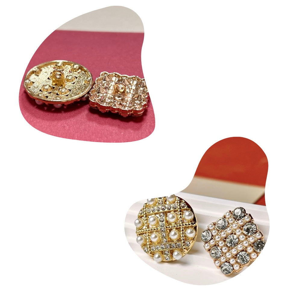 Decorative shank buttons with faux pearls and rhinestones on fabric, gold-tone mix