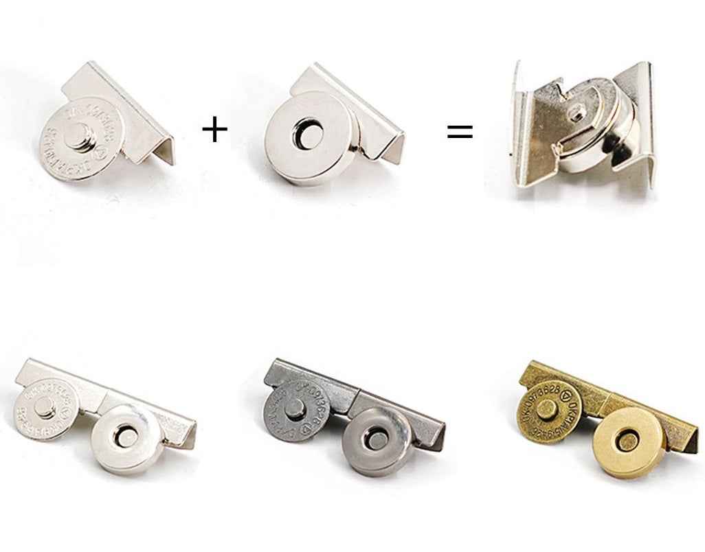 Magnetic clasp pieces shown together: clip half, round magnet half, and assembled set