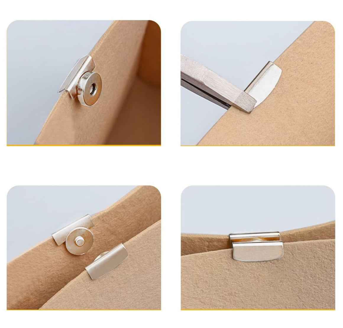 Magnetic clasp closure shown clipped onto fabric edge with matching round magnet half