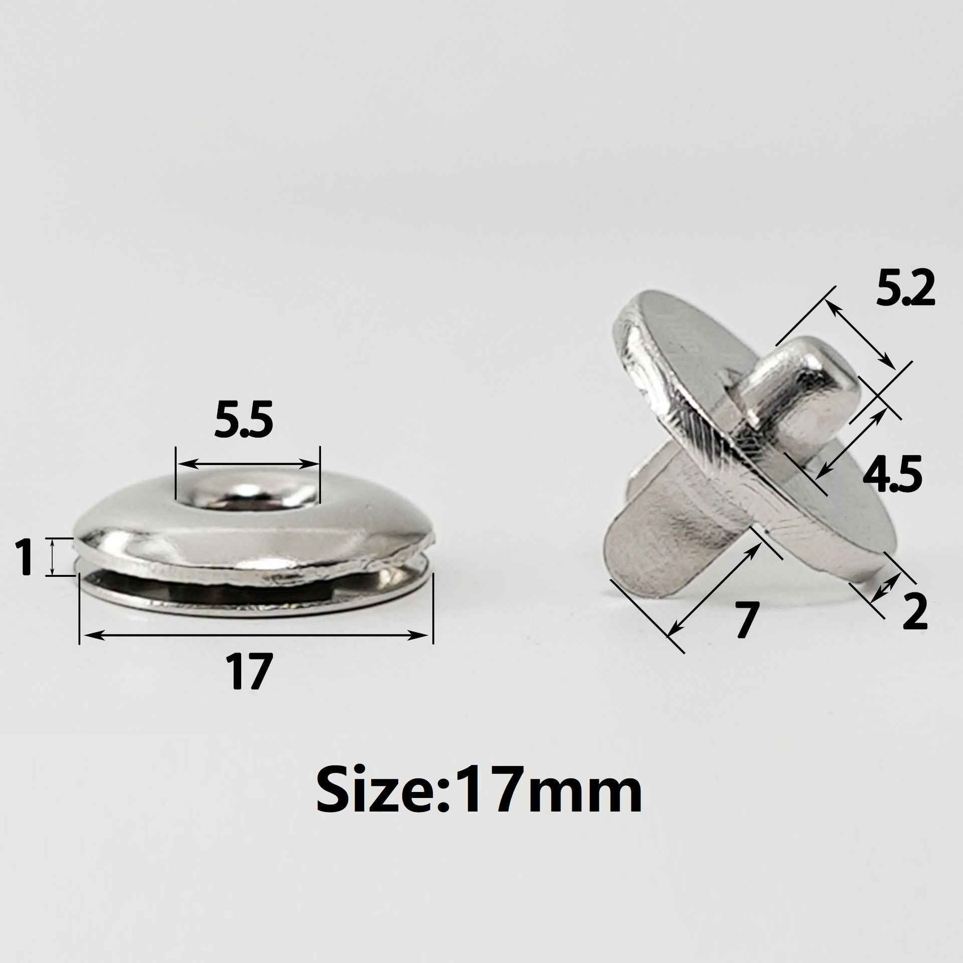 17mm magnetic snap size diagram showing metal cap and eyelet dimensions