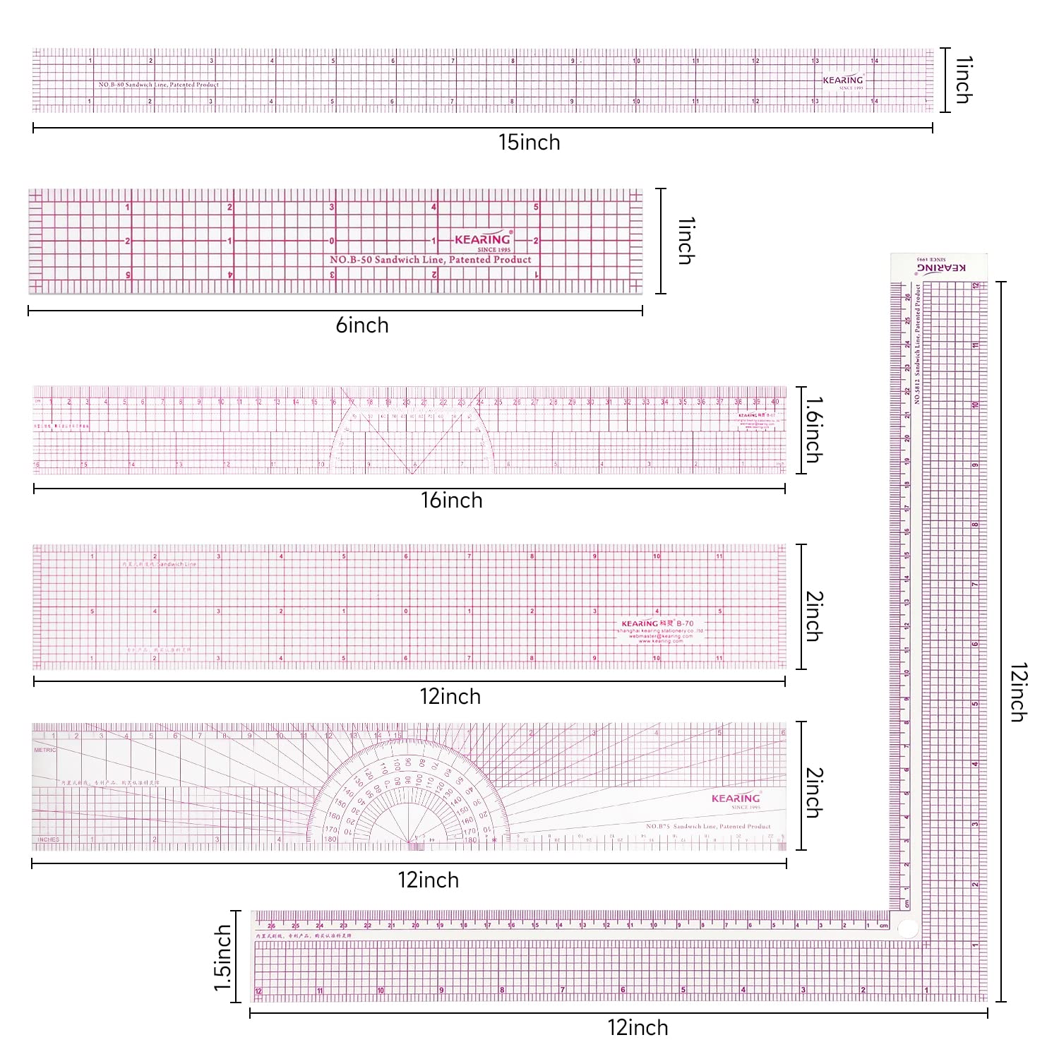 6 to 16 Inch Sewing Rulers for Clothes Fabric Design Pattern Making