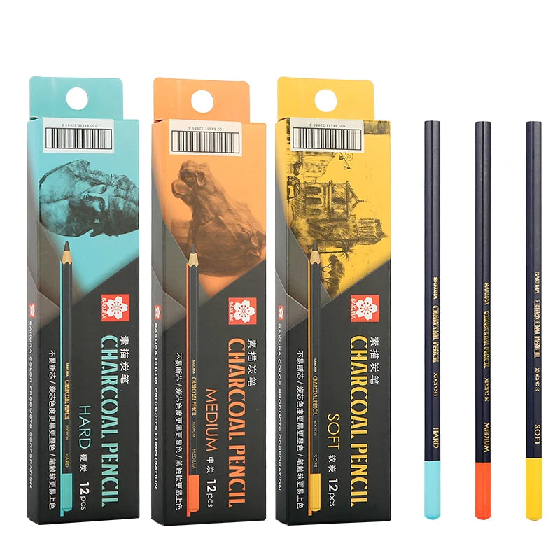 SAKURA Charcoal Pencils Drawing Set -12 Pieces Soft Medium Hard