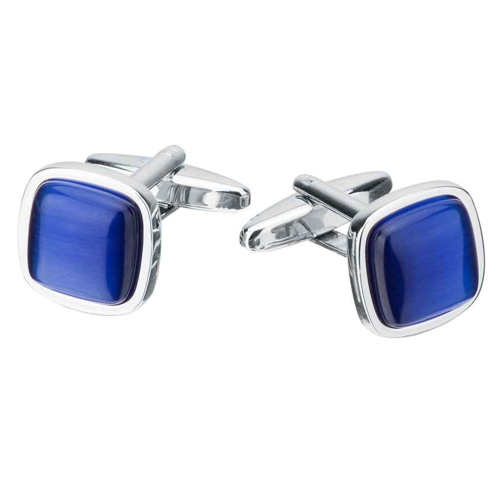 Unisex Manschettenknöpfe: quadratischer blauer Cat’s-Eye-Stein in silberner Fassung