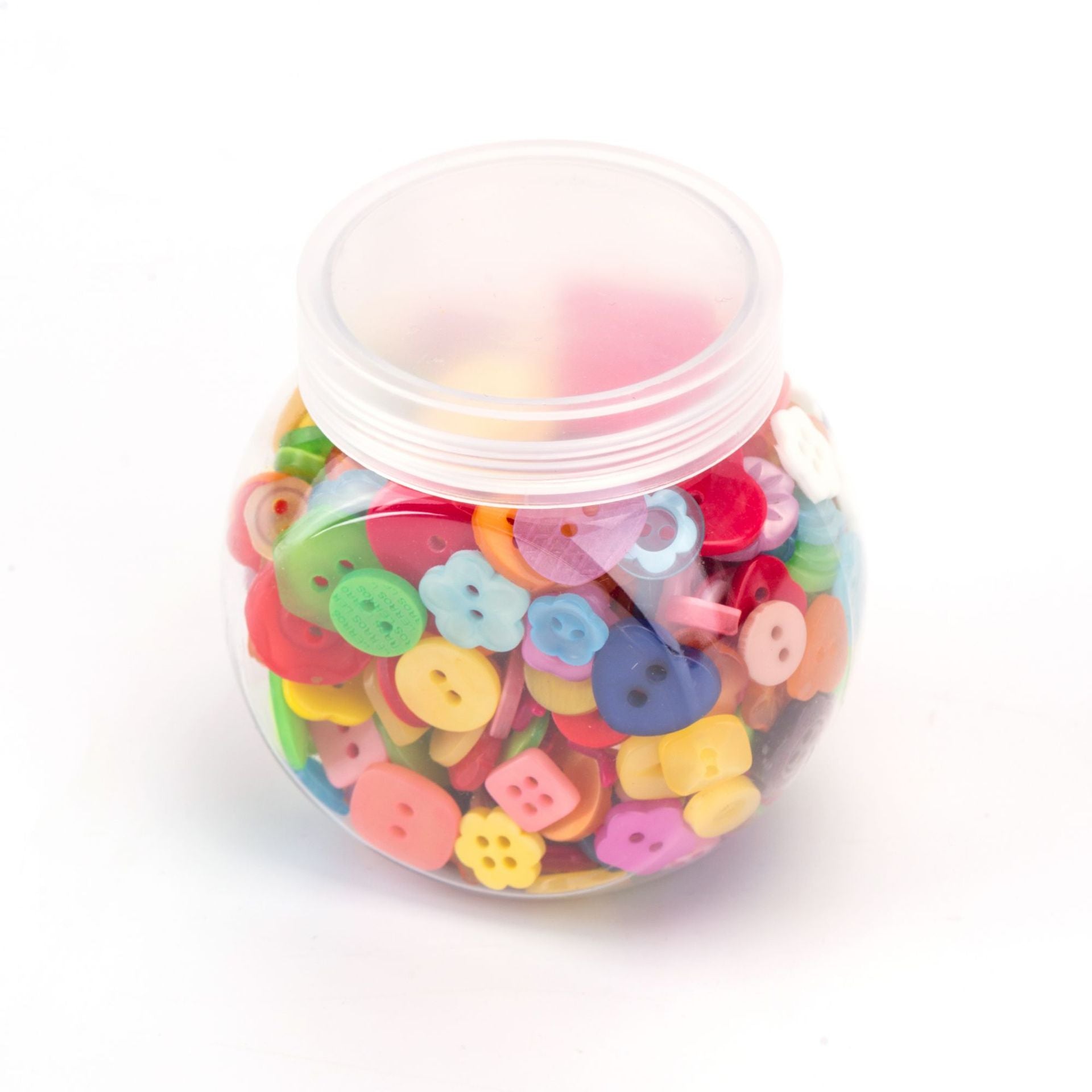 Candy-colored craft button set in clear bottle, assorted shapes and holes.
