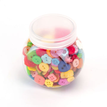 Candy-colored craft button set in clear bottle, assorted shapes and holes.