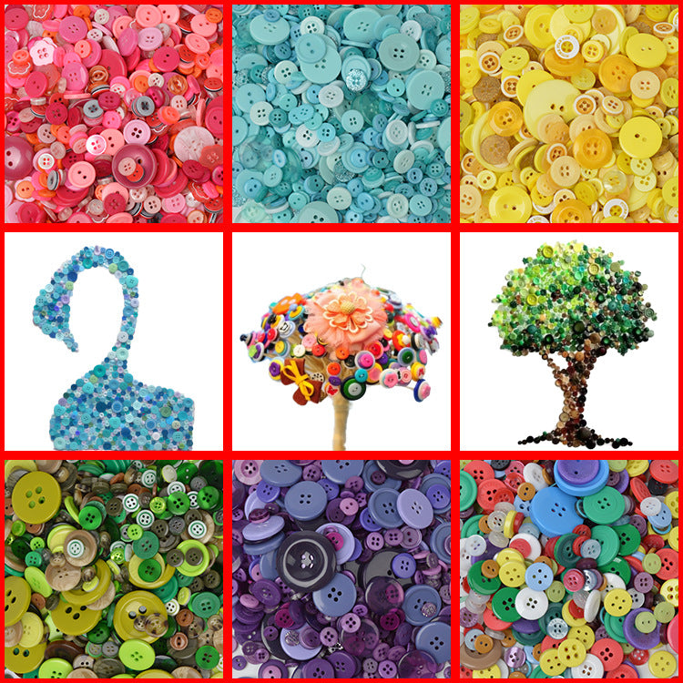 Mixed resin buttons in red, light blue, and yellow piles, plus button craft projects