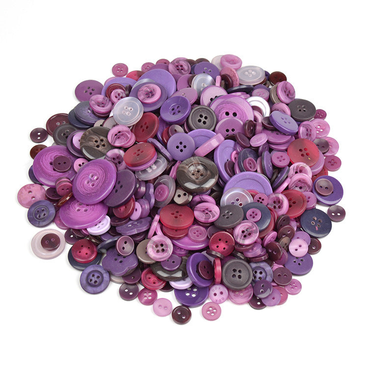 Purple, pink, and gray resin craft buttons pile with round 4-hole faces