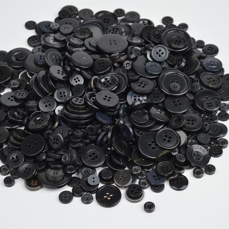 Black resin craft button set, round four-hole design, mixed sizes
