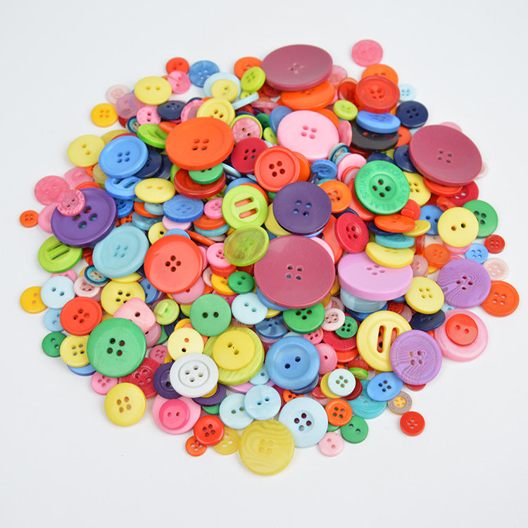 Colorful resin craft buttons, round four-hole designs, assorted sizes