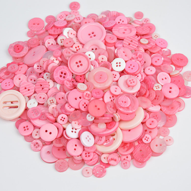 Pink resin craft buttons, round four-hole designs, various sizes