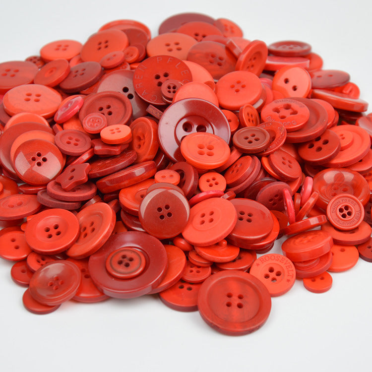 Red resin craft buttons, round four-hole designs, assorted sizes