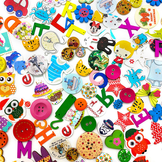 100 Piece Colorful Cartoon Baby DIY Craft Wooden Buttons