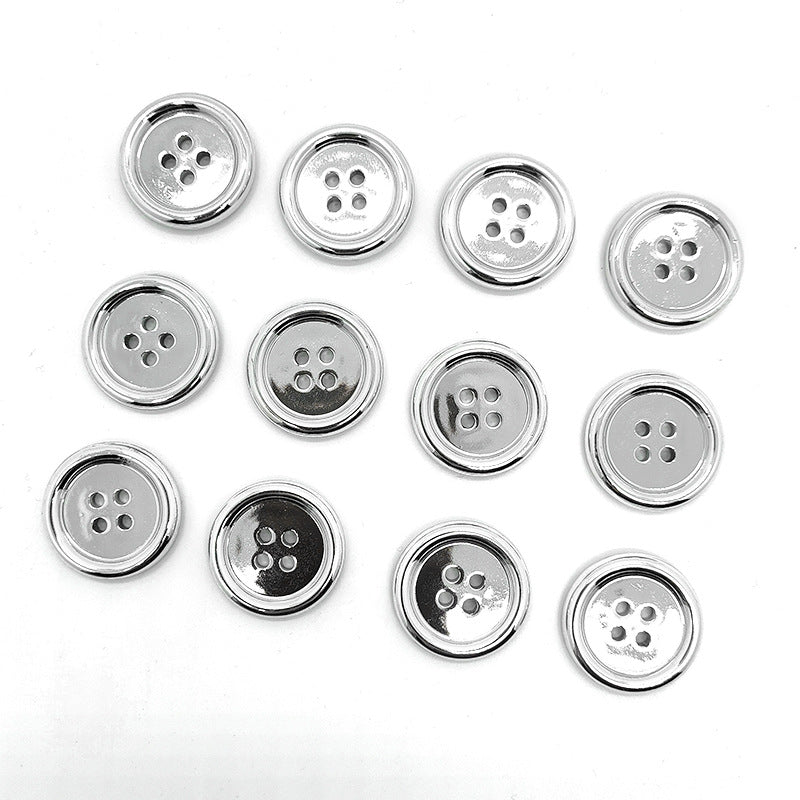 Round 4-hole plastic button, silver edge, electroplated finish (set of 60)