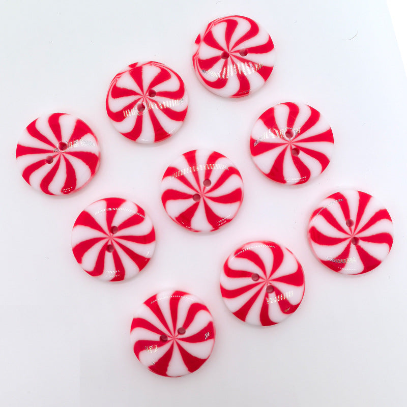 Red and white windmill candy round resin buttons, 2-hole, glossy striped pattern