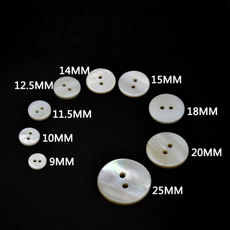 Two-hole flat buttons, natural white shell; 9–25mm sizes shown (90 pack)