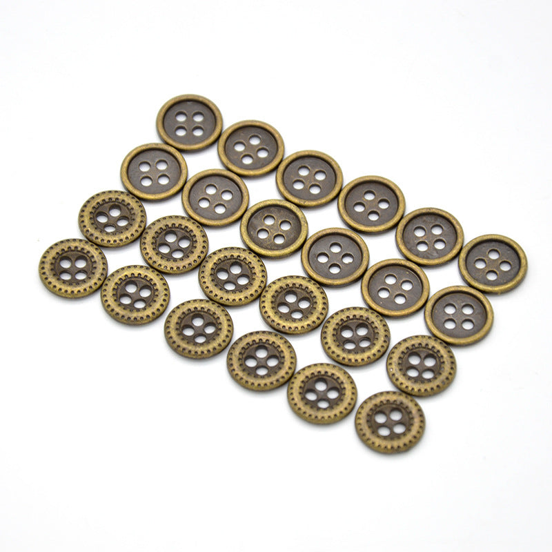 Antique bronze round 4-hole shirt buttons, 100-pack assortment