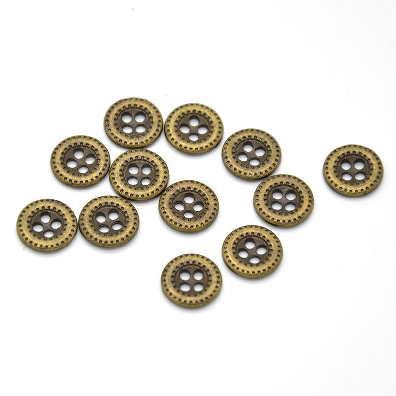 Antique bronze round 4-hole shirt buttons with textured rim, mixed set
