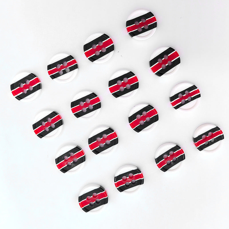 18L round resin shirt buttons, red and black striped, 4-hole design (100 pcs)