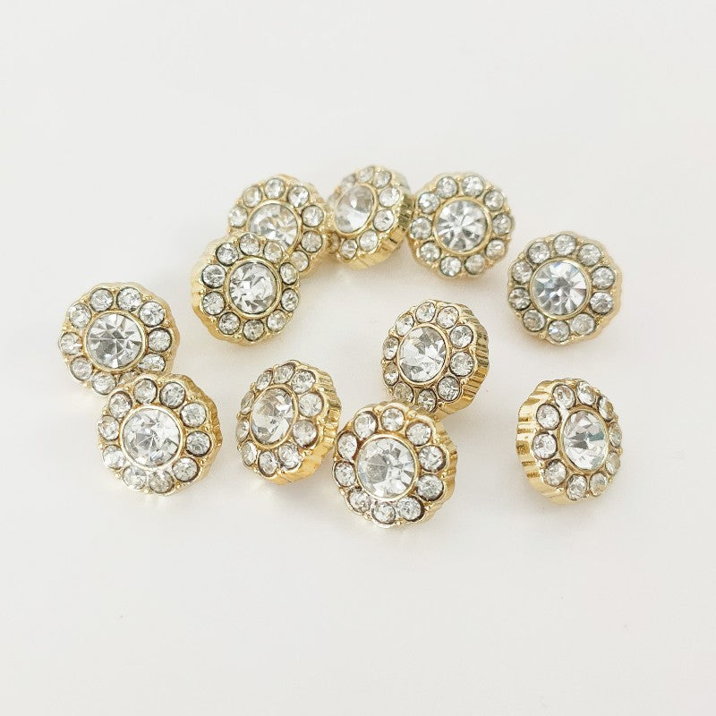 Gold 16L plastic diamond shank buttons, round rhinestone centers (50 pcs)