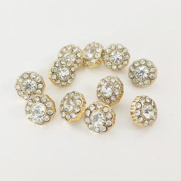 Gold 16L plastic diamond shank buttons, round rhinestone centers (50 pcs)