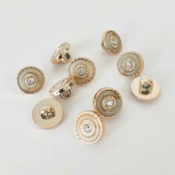 Gold plastic shank buttons with round rhinestone centers, 2-hole back