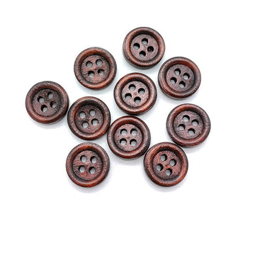 12mm round wooden buttons with 4 holes, dark red-brown (100-pack)