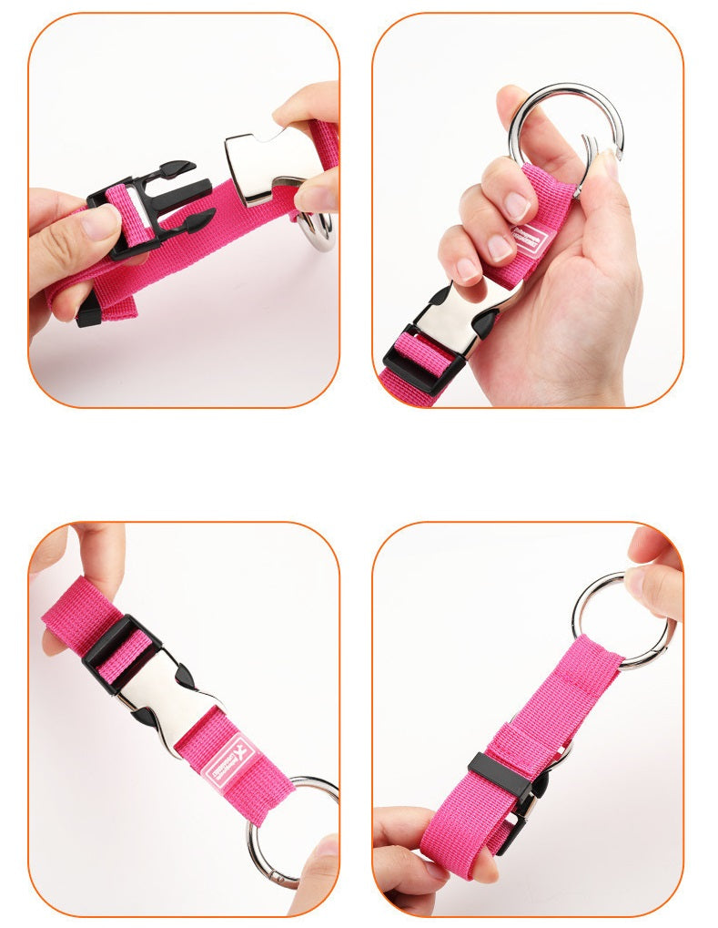 Add-a-bag luggage strap shown attaching: ring hook and buckle in use