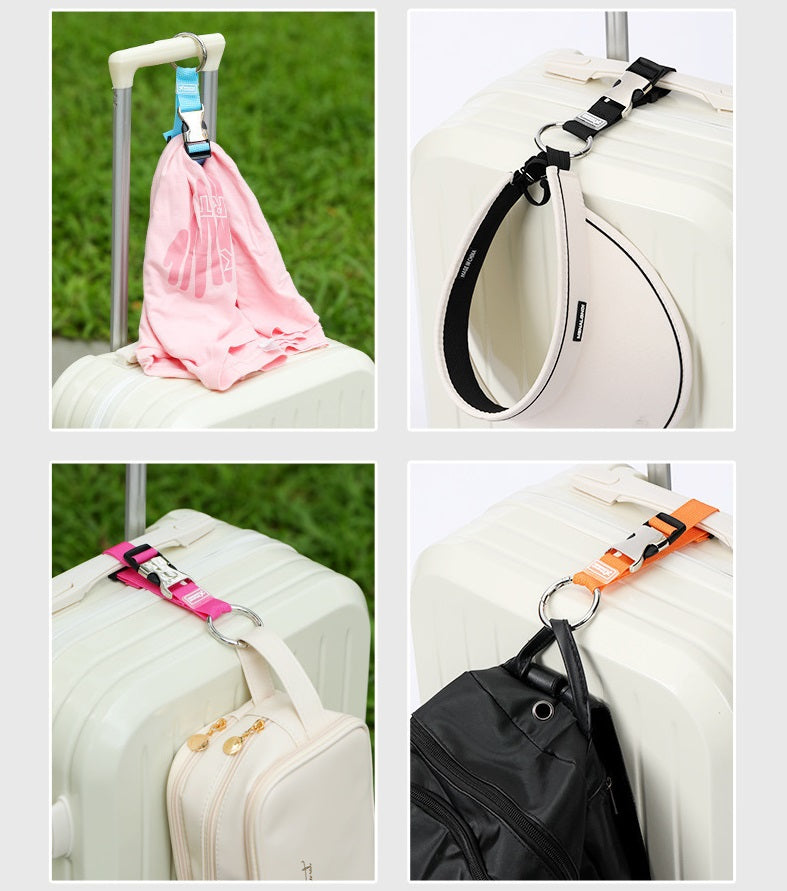 Add-a-bag luggage strap secured to a suitcase with metal ring hook