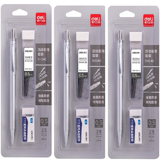 DELI SH140 0.5mm Mechanical Pencils Lead Refill Eraser Set 3 Pack