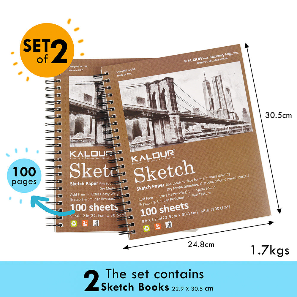 KALOUR Sketchpad 9X12" Inch (68lb/100g),100 Sheets Paper(2 Pack)