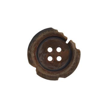 Antique distressed horn button, dark brown, 4-hole, scalloped edges