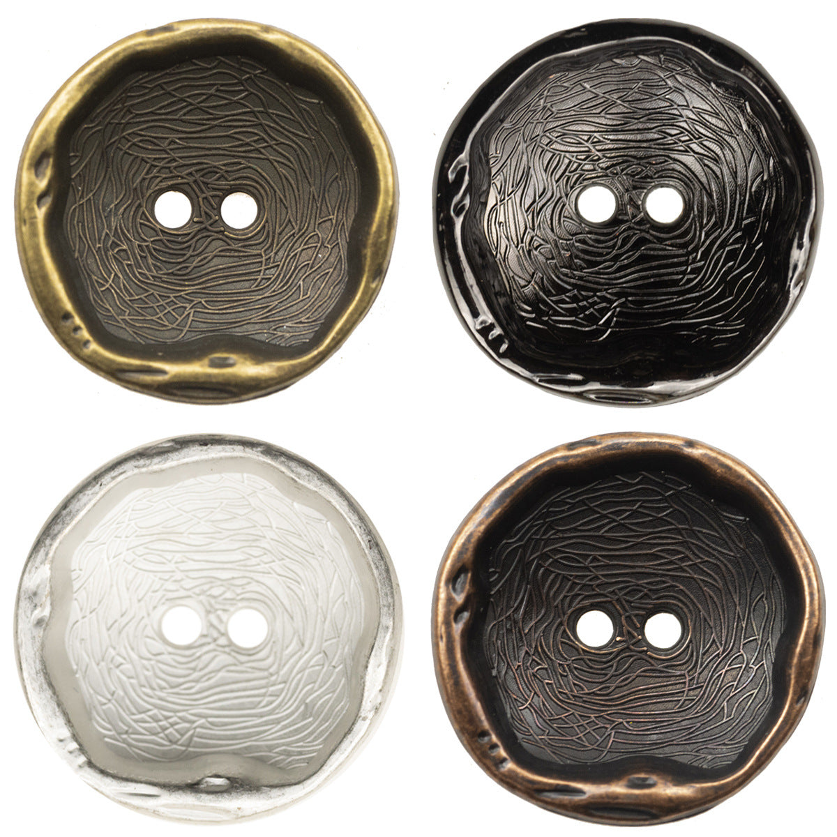 Irreguläre Metallknöpfe, 2-Loch-Design aus Zinklegierung, Silber, Bronze und Gun Black (4er)